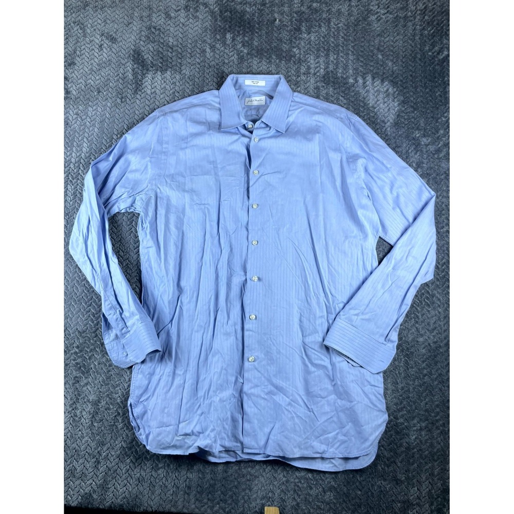 John W. Nordstrom Trim Fit Dress Shirt Mens 17.5 Blue Striped Cotton Side Slit